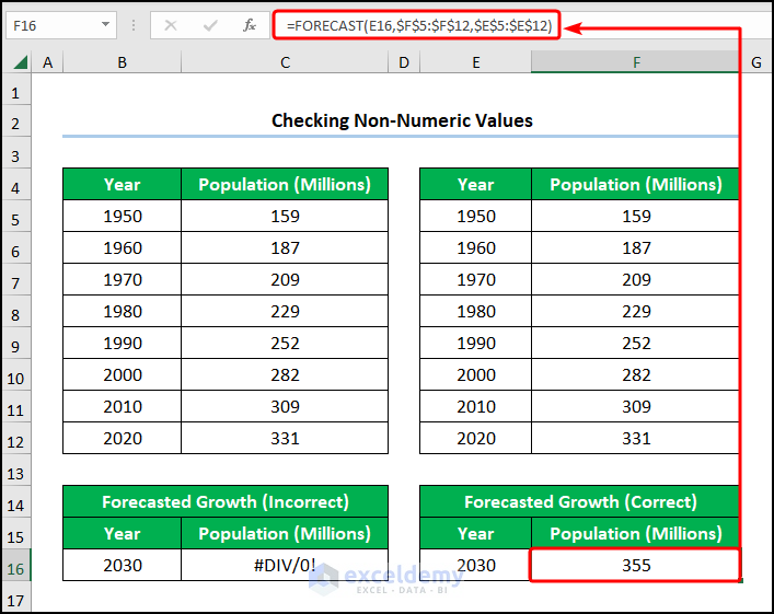 Fixing excel forecast function not accurate by checking Non-Numeric Values