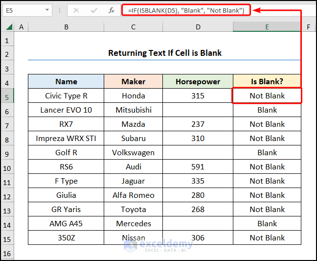 Returning Text If Cell Is Blank with IF and ISBLANK functions