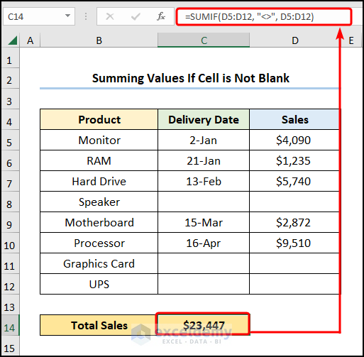 How to Sum Values If Cell Is Not Blank in Excel with SUMIF function