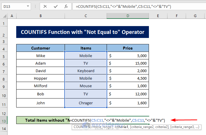 COUNTIFS in Excel If Not Equal to Text
