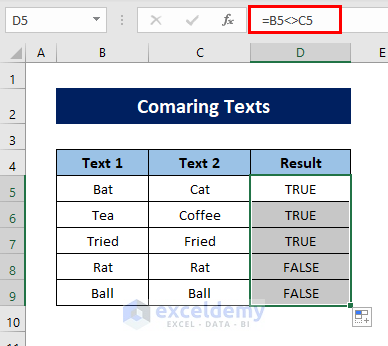 Compare text in Excel If Not Equal to Text