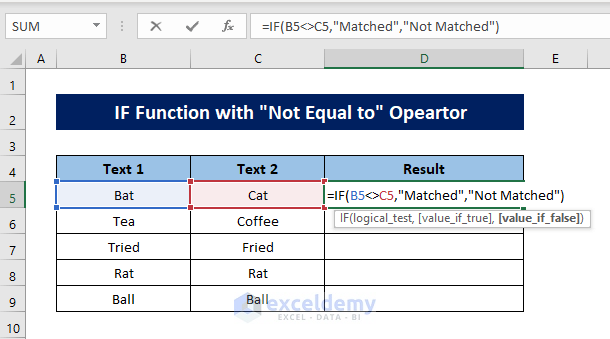 IF Function with Not Equal to operator in Excel