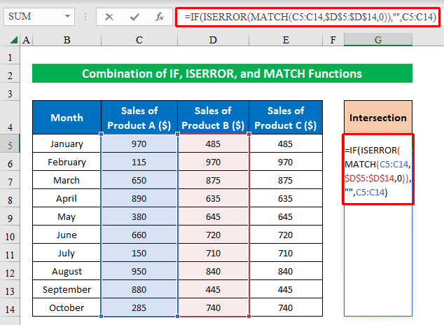 Combination of IF, ISERROR, and MATCH Functions to Find Intersection of Two Columns