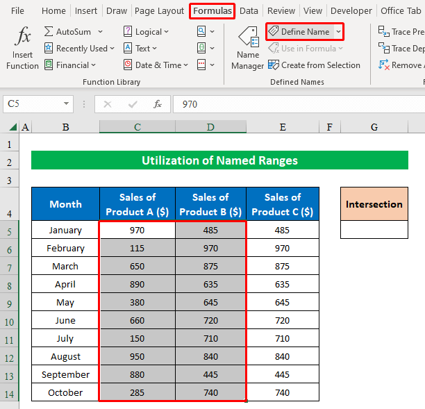 Utilizing Named Ranges to Find Intersection of Two Columns
