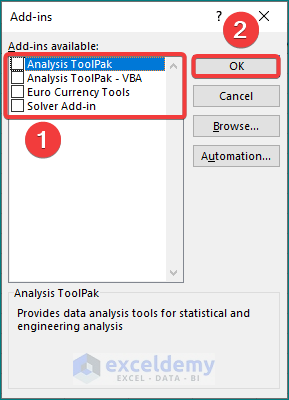 Add-Ins dialog box to Fix excel map chart not working