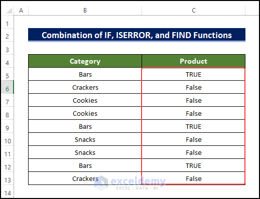 autofil returns TRUE and FALSE for IF, ISERROR, and FIND functions 