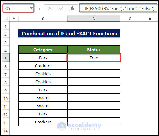 Apply IF and EXACT Functions to return true if cell contains particular text in Excel