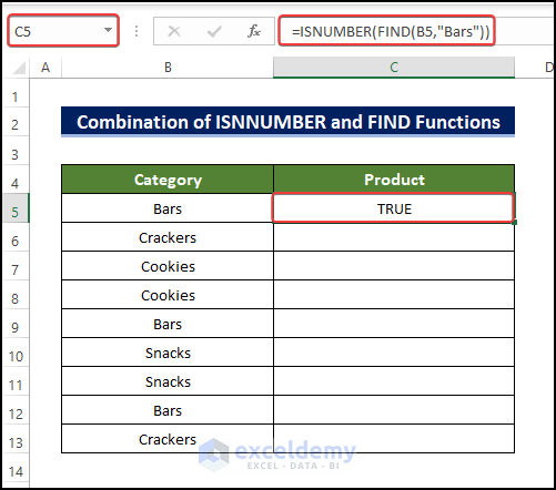 Apply ISNUMBER and FIND Functions to return true if cell contains particular text in Excel