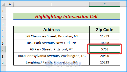 Highlight Intersection Cell Using VBA Application.Intersect Method in Excel Output
