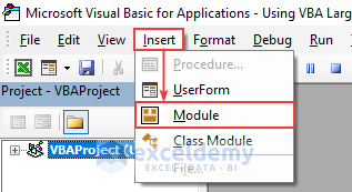 Insert Module menu in VBA window