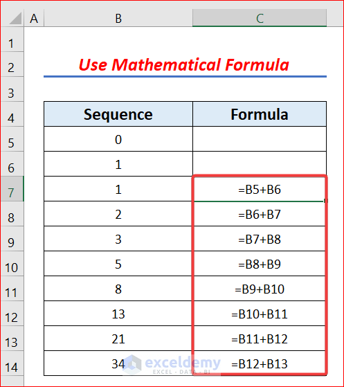 Apply mathematical formula to create Fibonacci Sequence