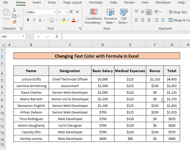 GIF Showing the Process of Changing Text Color Using Formula in Conditional Formatting