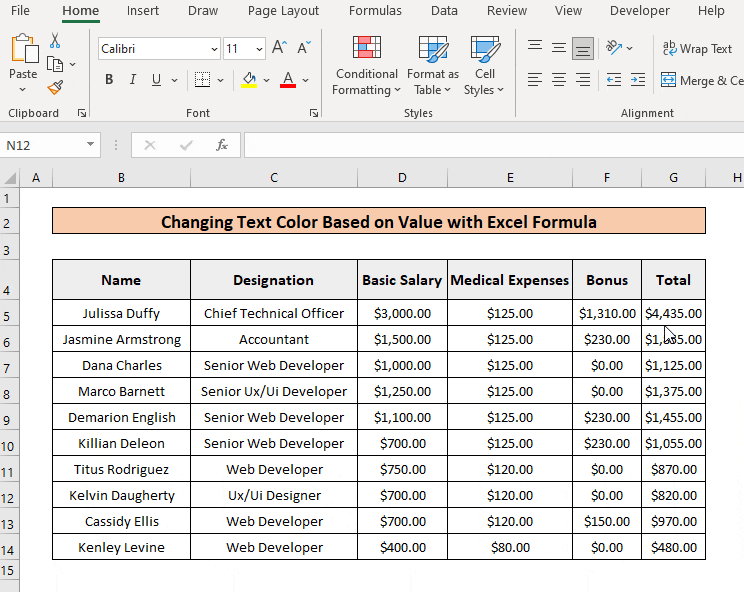 GIF Showing the Steps of Changing Font Color Based on Value with  Conditional Formatting