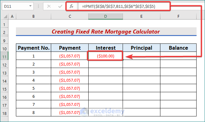 IPMT function to calculate Interest for fixed rate mortgage calculator in excel