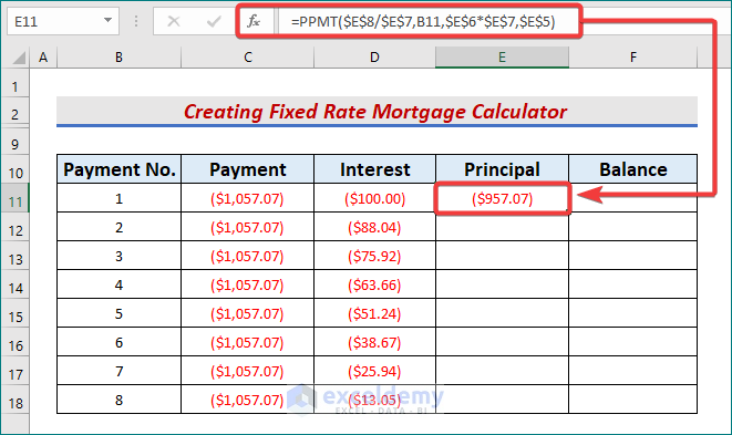 PPMT function to get principal for fixed rate mortgage calculator in excel