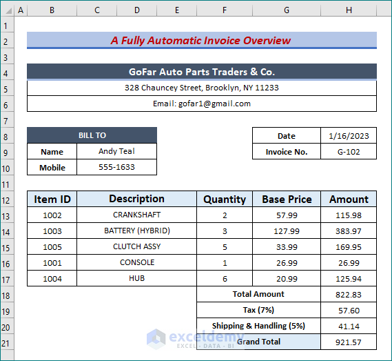 Overview of a fully automatic Invoice in Excel