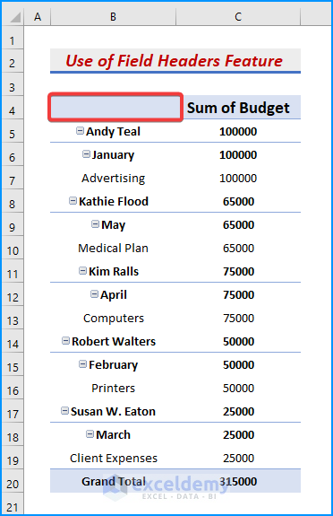Use Field Headers Feature to Hide Filter Arrows from Pivot Table in Excel