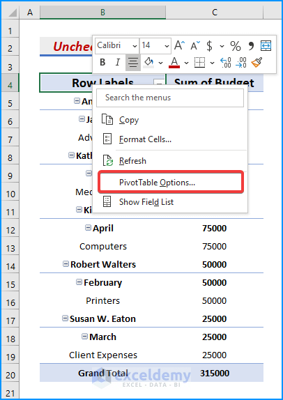 Uncheck Display Field Caption to Remove Filter Arrows in Pivot Table