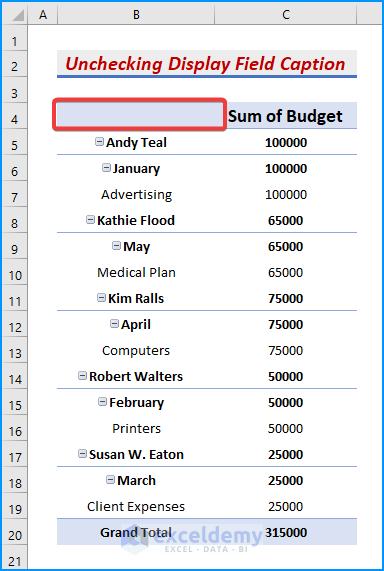Uncheck Display Field Caption to Remove Filter Arrows in Pivot Table