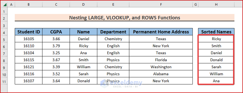 Nesting LARGE, VLOOKUP, and ROWS Functions in Excel
