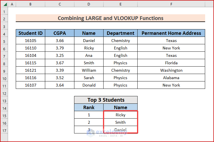 Combining LARGE and VLOOKUP Functions in Excel