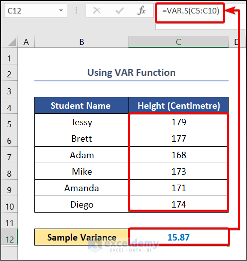 Using VAR function to Calculate Variance in Excel