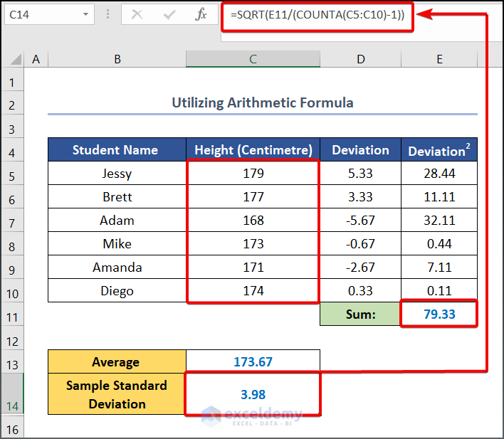Utilizing Arithmetic Formula to calculate standard deviation