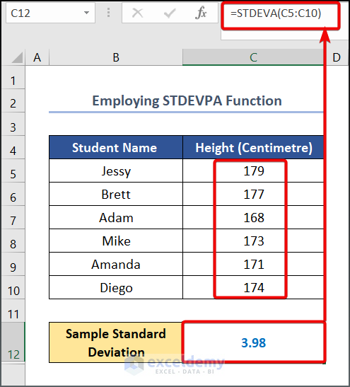 type the STDEVPA Function in formula editor