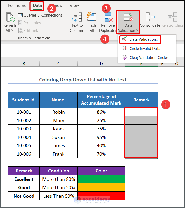 Select the data validation feature for creating a color drop down list with no text