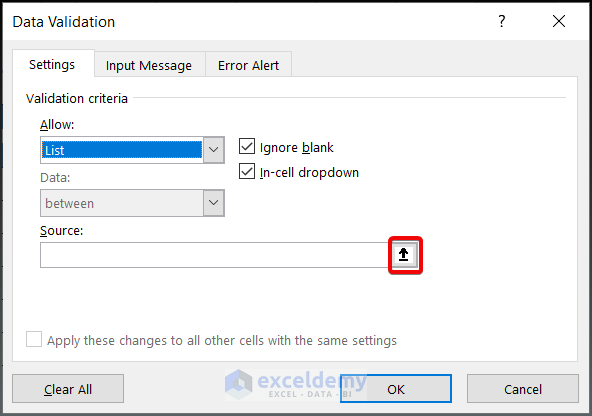 Select the source data from data validation window