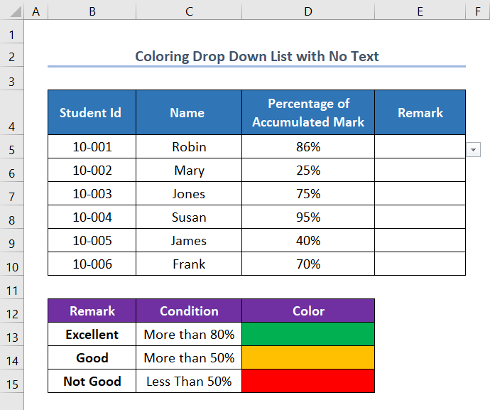 excel drop down list with color no text