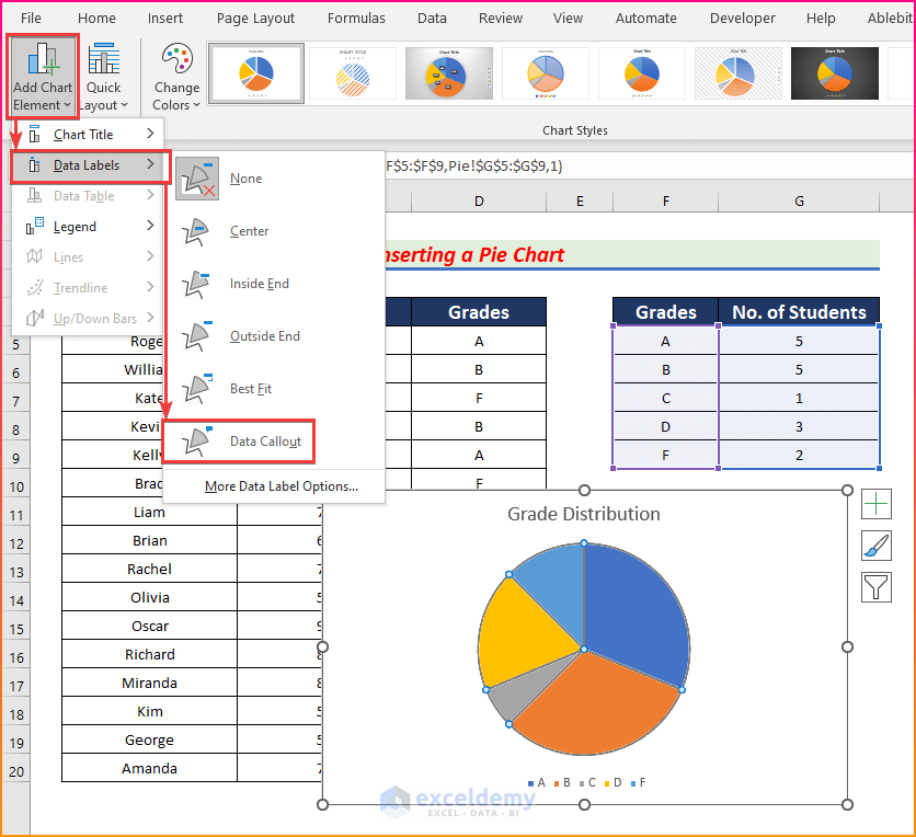 Insert a Pie Chart for Grade Distribution in Excel
