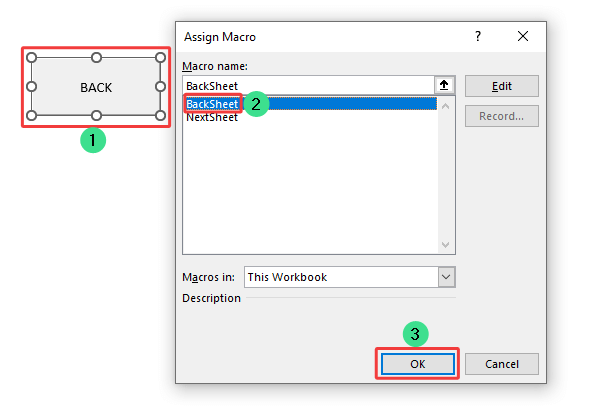 Assigning the BackSheet macro to the BACK button to navigate buttons in Excel