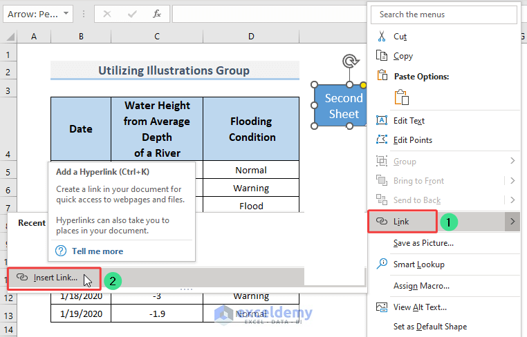 Right-click the Arrow: Pentagon and choose Insert Link
