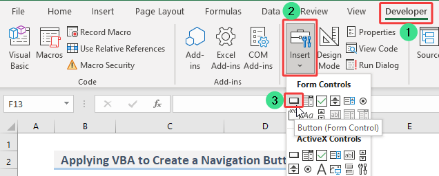 create a button from Developer tab