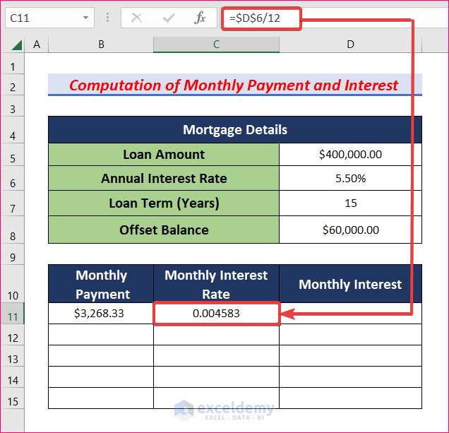 Calculate Monthly Interest Rate to Create Offset Mortgage Calculator in Excel