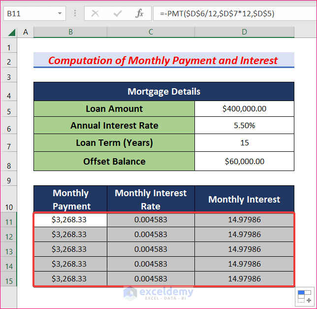 AutoFill Formula to Create Offset Mortgage Calculator in Excel