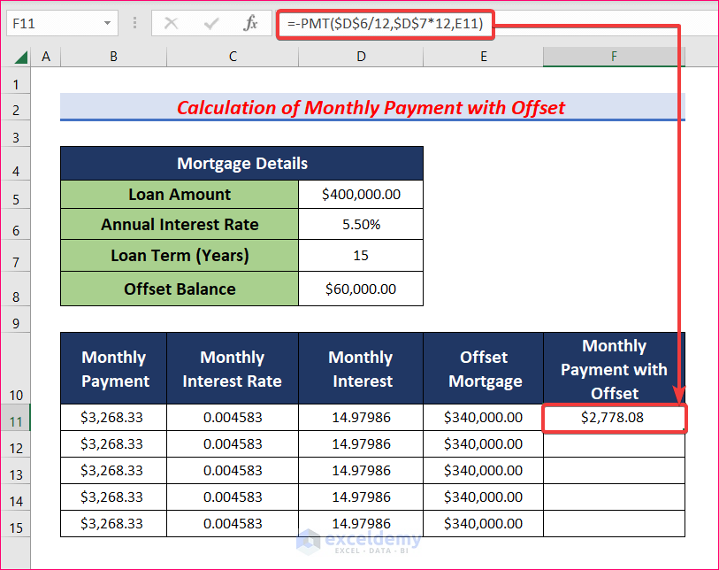 Calculate Monthly Payment with Offset to Create Offset Mortgage Calculator in Excel