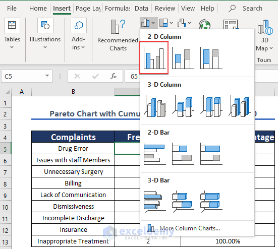 Inserting 2-D columns  to make pareto chart with cumulative percentage in excel