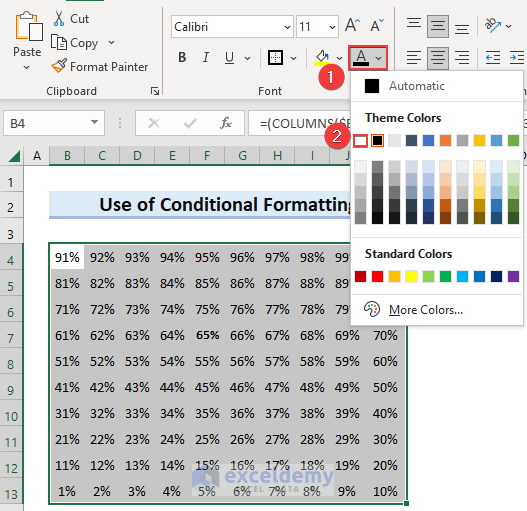 Changing the font color to hide the value in square pie chart in excel