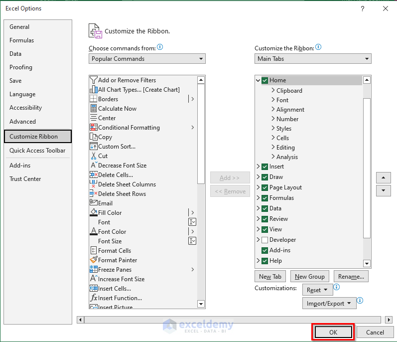 Completing the Process of Resetting Excel Ribbon.