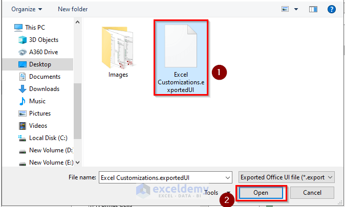 Opening the exported.UI File to Import Ribbon Customizations.