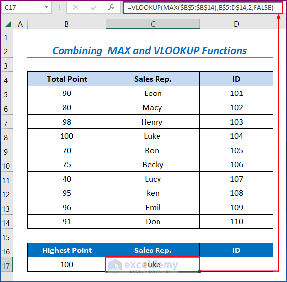 Showing Results for Combining  MAX and VLOOKUP Functions to Lookup Largest Value 