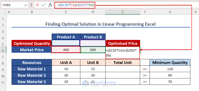  finding optimal solution in linear programming in excel by applying formula.