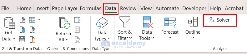 Solver option in Data tab