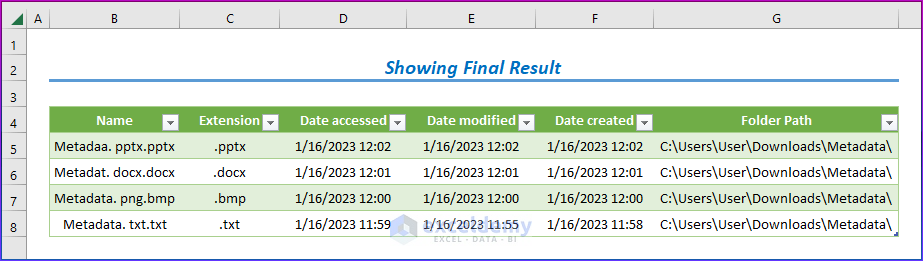 Showing Final Result to Create a Metadata Extractor in Excel