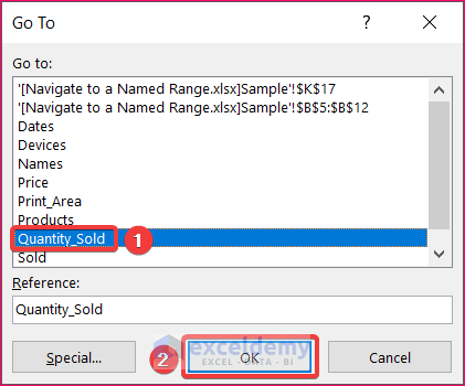 Use Go To Feature to a Named Range in Excel