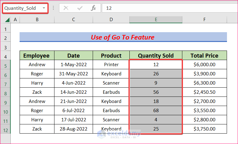 Use Go To Feature to a Named Range in Excel