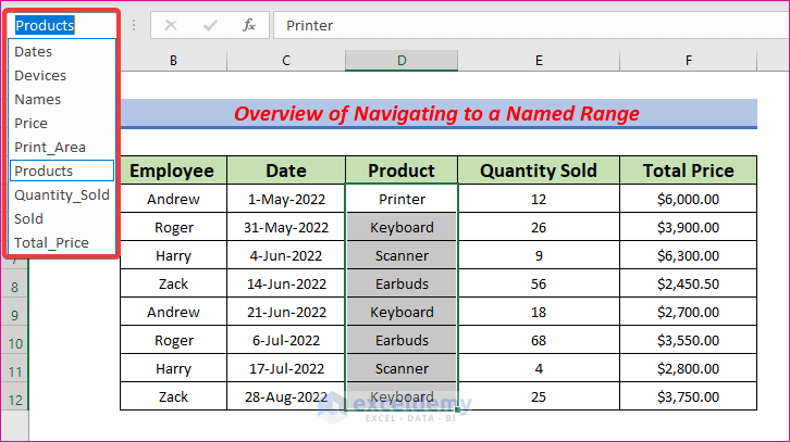 how to navigate to a named range in excel