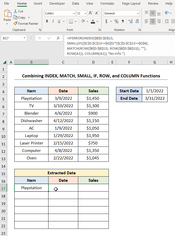 how to pull data from a date range in excel combining INDEX, MATCH, SMALL, IF, ROW, and COLUMN Functions